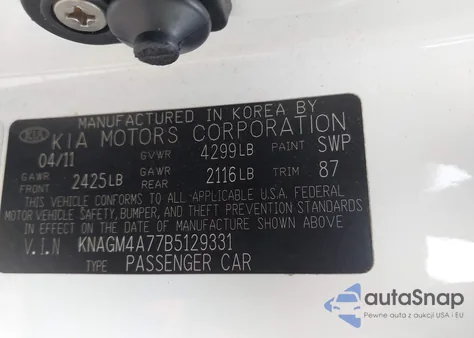 2011 Kia Optima Lx z USA, uszkodzony, nr VIN KNAGM4A77B5129331